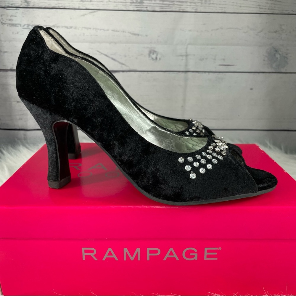 RAMPAGE Velvet Rhinestone Peep Toe Heels, Black, Original Box - Picture 6 of 11